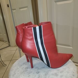 Steve Madden Red Heeled Boots with Black and White Stripe